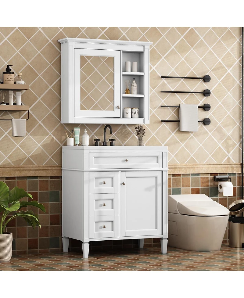 Sillysis 30'' Bathroom Vanity Set with Mirror Cabinet, Solid Wood & Mdf, Soft Close Drawers, Ample Storage for Modern Bathrooms