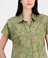 Tahari Asl Petite Collar Neck Short-Sleeve Cotton Top