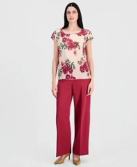 Tahari Asl Women's Pleated Floral Boat-Neck Top