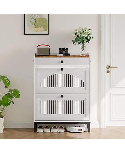 gaomon Modern Wooden Shoe Storage Cabinet – 2 Turn Drawers, Adjustable Shelf, Top Drawer, Anti-Tipping, Space-Saving Hidden Organizer for Entry