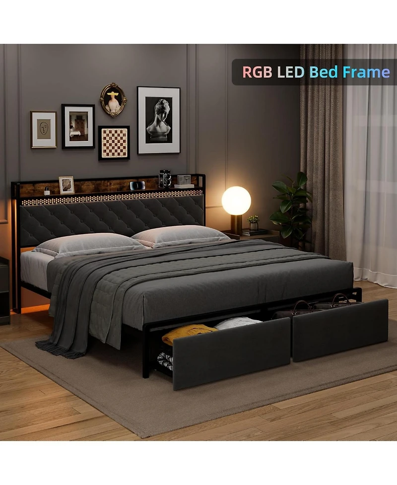 gaomon King Bed Frame with 2 Drawers and Charging Station, Upholstered Led Bed Frame with Storage Headboard, Noise-Free Design, No Box Spring Needed