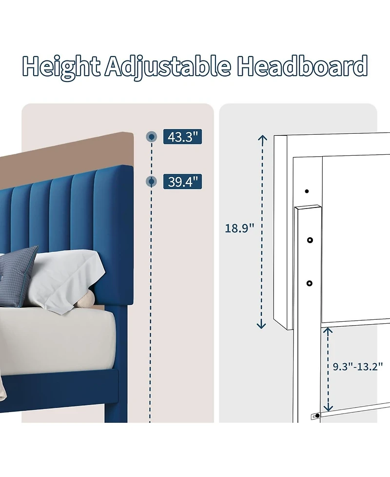 gaomon Queen Size Bed Frame, Velvet Upholstered Platform Bed with Adjustable Headboard, No Box Spring Needed, Easy Assembly