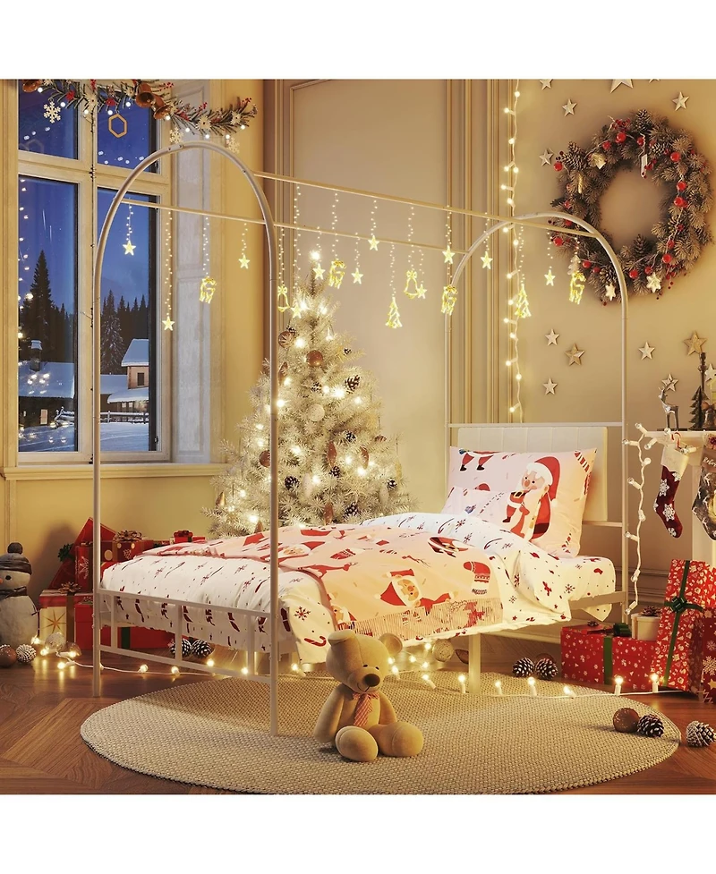 gaomon Kids Canopy Bed Frame, Upholstered Sherpa Headboard & Footboard, Metal Slats, No Box Spring Needed