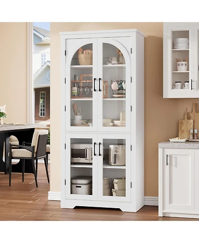 gaomon Kitchen Pantry Cabinet Modern Display Cabinet with 4 Arched Glass Doors and Adjustable Shelves
