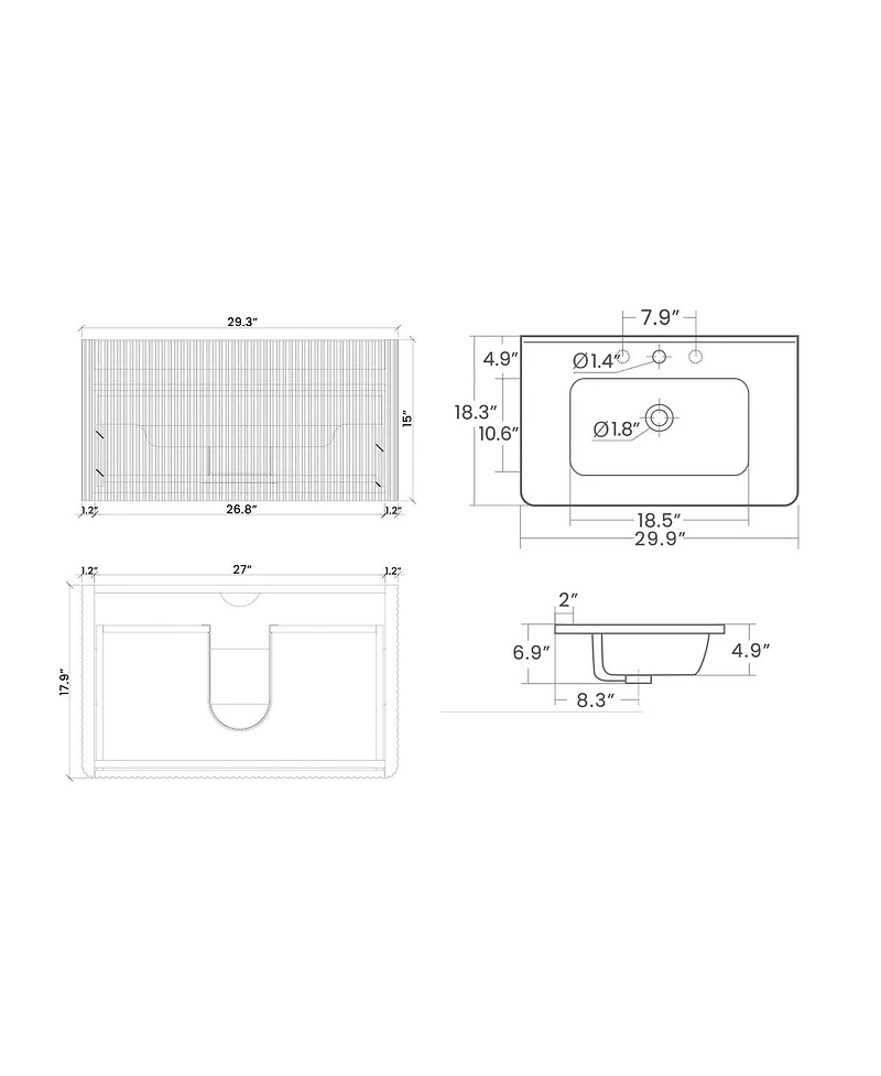 Sillysis 30 Floating Bathroom Vanity with Integrated Ceramic Sink, Wall Mounted Bathroom Vanity without Faucet, Pre-assembled