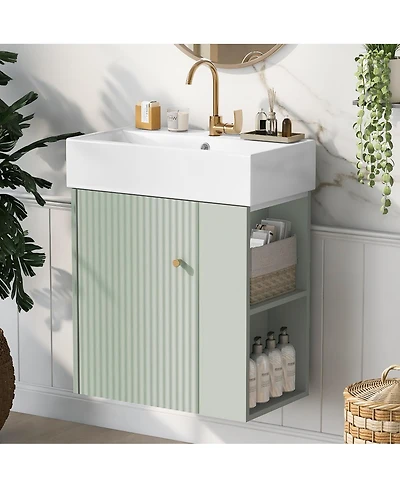 Sillysis Floating Bathroom Vanity with Ceramic Sink, Right Side Storage, Soft Close, Modern Wall Mounted Cabinet