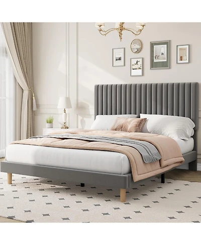 gaomon Bed Frame with Adjustable Headboard, Velvet Upholstered Platform Queen Size Bed Frame, Vertical Channel Tufted, Strong Wooden Slats