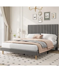 gaomon Bed Frame with Adjustable Headboard, Velvet Upholstered Platform Queen Size Bed Frame, Vertical Channel Tufted, Strong Wooden Slats
