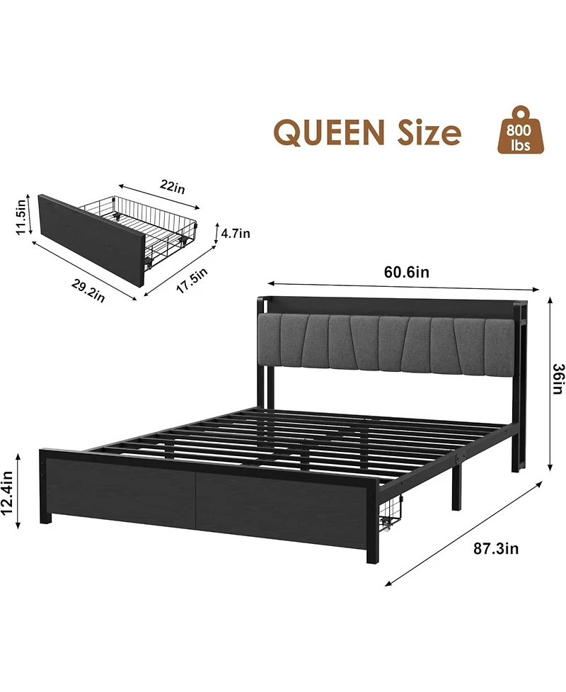gaomon Bed Frame with Storage Headboard, Industrial Platform Bed with 2 Large Drawers and Charging Station