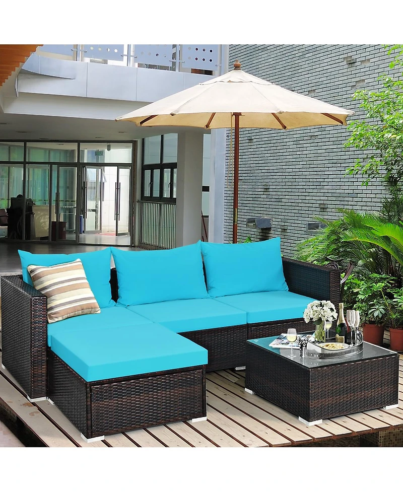 Gymax 5PCS Cushioned Rattan Patio Conversation Set w/ Coffee Table Ottoman