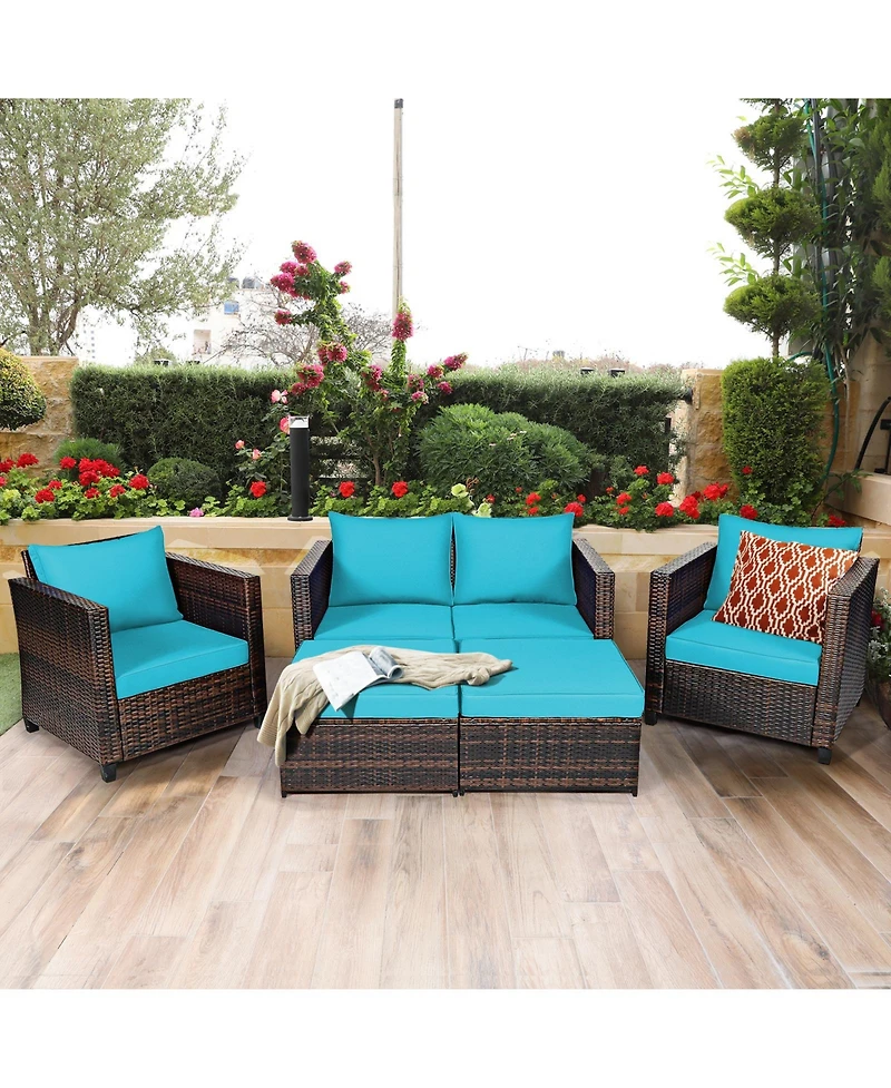 Gymax 5PCS Outdoor Patio Rattan Conversation Sofa Furniture Set w/ Cushions