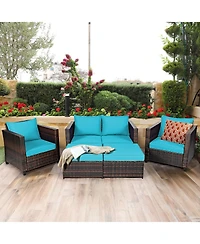 Gymax 5PCS Outdoor Patio Rattan Conversation Sofa Furniture Set w/ Cushions