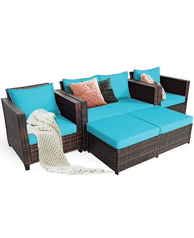 Gymax 5PCS Outdoor Patio Rattan Conversation Sofa Furniture Set w/ Cushions