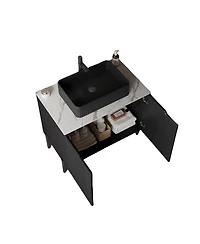 Sillysis 30'' Modern French Freestanding Bathroom Vanity with Black Ceramic Sink, Carrara White Countertop, Soft Close 2-Door Storage