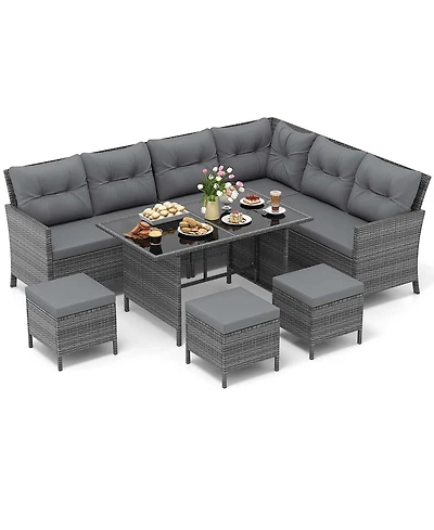 Gymax Set of 7 Dining Furniture Set Pe Rattan Sectional Sofa Set Patio