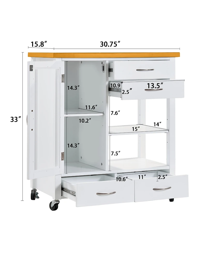 Rainsken Kitchen Island Cart, Portable Bar Rolling Storage Cabinet on Wheels with Open Shelving, Drawers, and a Glass-Door for Kitchen
