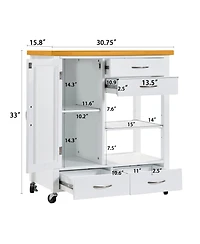 Rainsken Kitchen Island Cart, Portable Bar Rolling Storage Cabinet on Wheels with Open Shelving, Drawers, and a Glass-Door for Kitchen