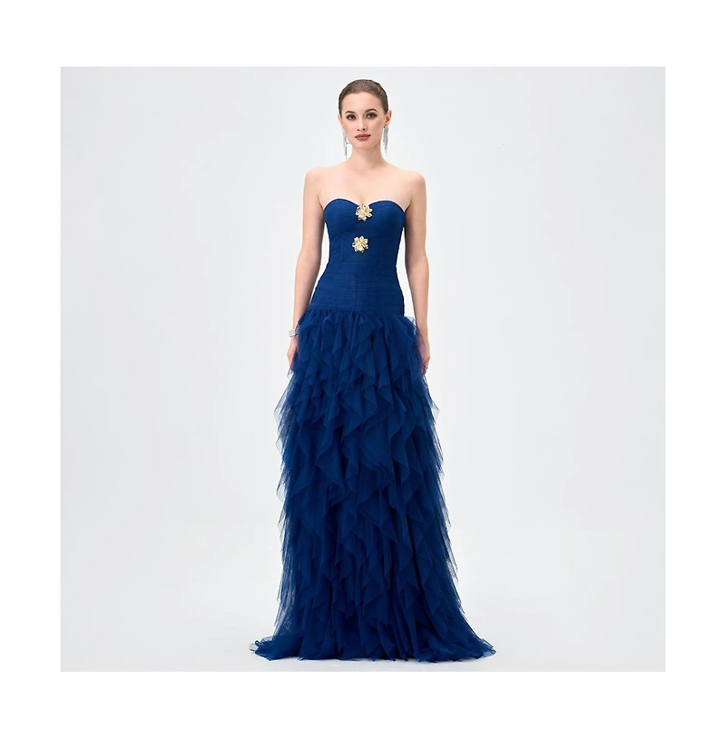 Bariano Women's Ziana Strapless Ruffle Ball Gown