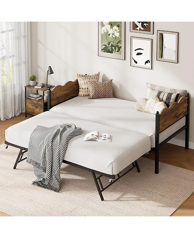gaomon Daybed with Trundle, Metal Slat Support, Lockable Casters, Wavy Wood Grain Headboard, Space-Saving Sofa Bed for Living/Guest Room