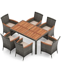 Gymax 7 Pcs Patio Wicker Dining Set w/ Acacia Wood Table & 6 Armchairs