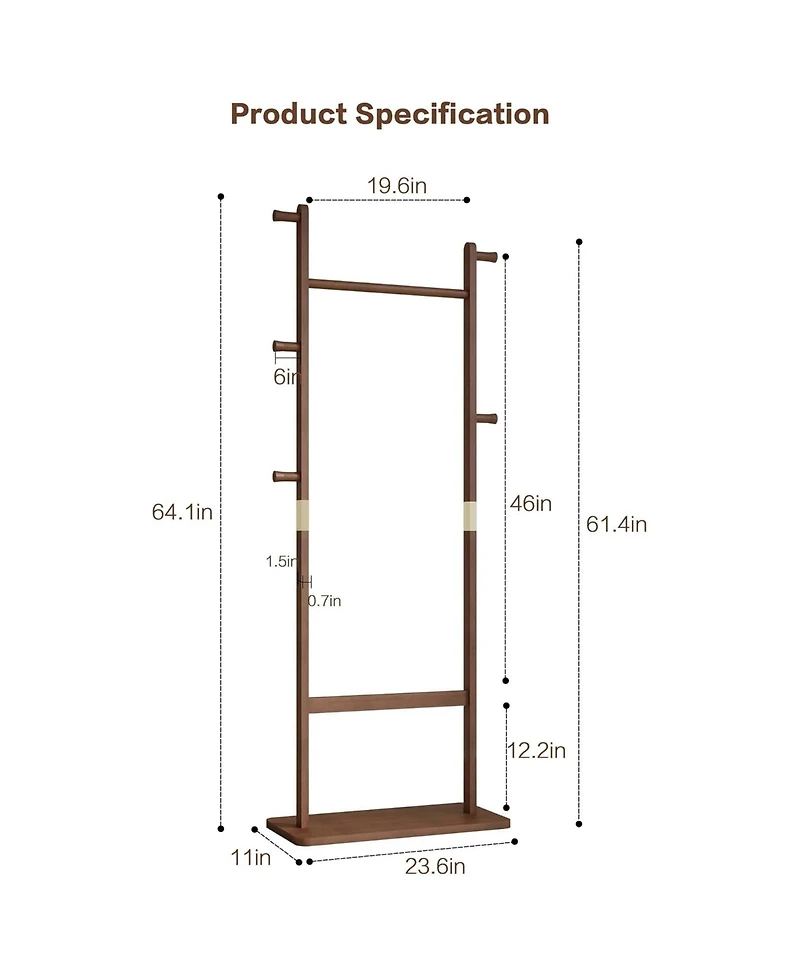 Rainsken Tree Stand Coat Rack, Freestanding Wood Clothes Rack with 2 Hanging Bars, 5 Hooks and Shoe Storage for Entryway, Living Room