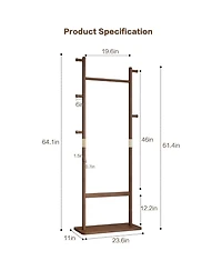 Rainsken Tree Stand Coat Rack, Freestanding Wood Clothes Rack with 2 Hanging Bars, 5 Hooks and Shoe Storage for Entryway, Living Room