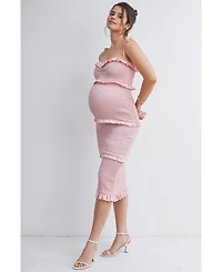 Hello Miz Women's Maternity Smocked Bodycon Midi Dress with Ruffle Trim and Tie Straps