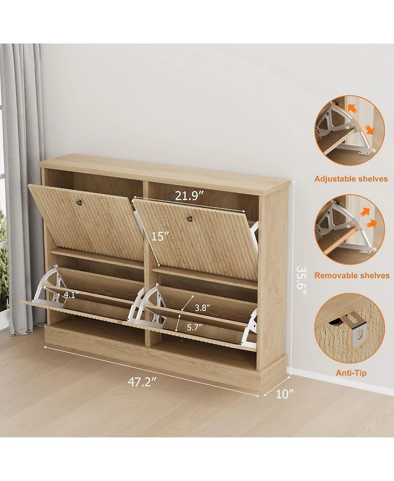 gaomon Shoe Cabinet with 4 Flip Drawers Freestanding Cabinet with Adjustable Shelves and Thicken Top Fluted Design Wooden Narrow Shoe Organizer