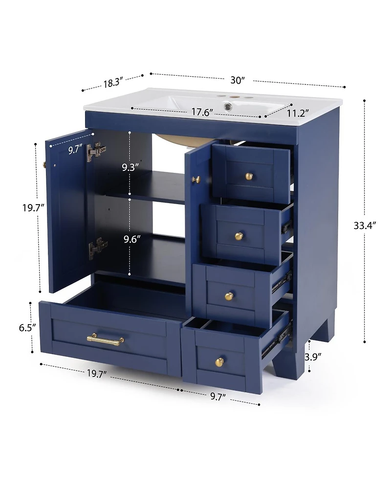 Sillysis 30" Blue Bathroom Vanity with Ceramic Sink, Solid Wood Frame, Pull-Out Drawers, Adjustable Storage, Soft Close Slides