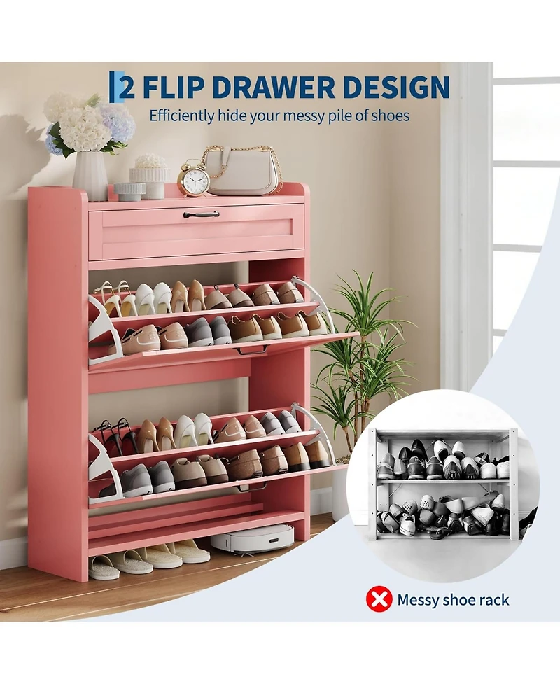 Homfan Shoe Cabinet with 2 Flip Drawers & 1 Top Drawer, Wooden Shoe Organizer Cabinet with Adjustable Shelf, Freestanding Shoe Storage Cabinets