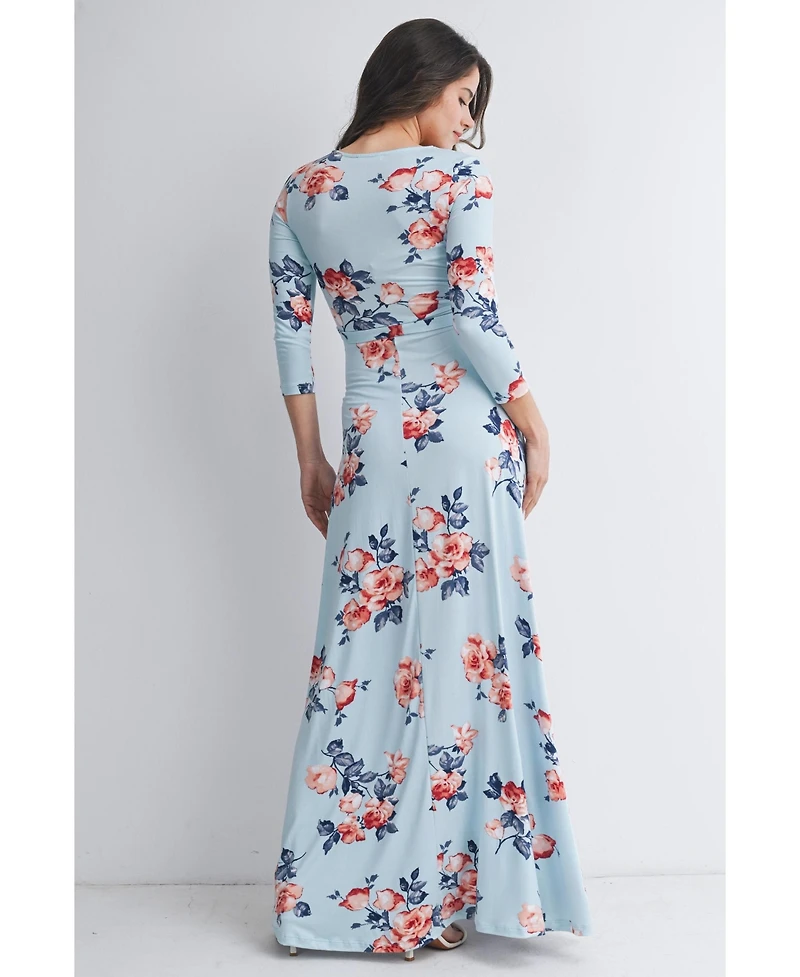 Hello Miz Maternity Floral Nursing Wrap 3/4 Sleeve V-Neck Maxi Dress