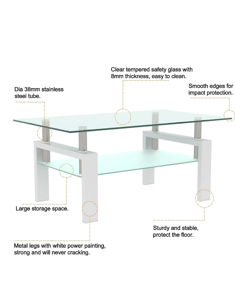 Rainsken Rectangle 2-Tier Glass Coffee Table, Modern Small Center Table with Storage and Metal Legs for Living Room, Home Office