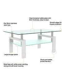 Rainsken Rectangle 2-Tier Glass Coffee Table, Modern Small Center Table with Storage and Metal Legs for Living Room, Home Office