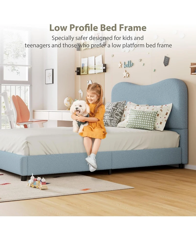 gaomon Queen Velvet Upholstered Bed Frame Boucle Headboard Rounded Corners Low Wood Slats No Box Spring