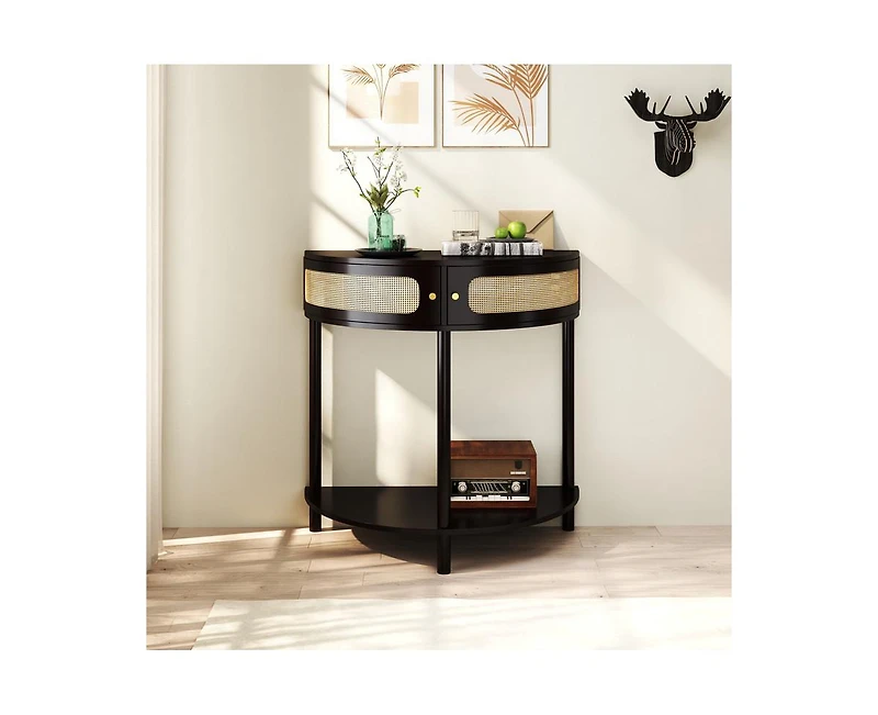 sumyeg 31.8" Corner Cabinet Side Table with 2 Rattan Storage and Bottom Shelf