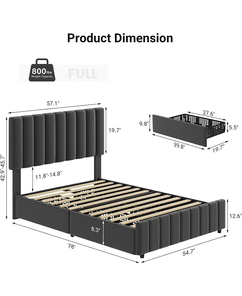 gaomon Upholstered Bed Frame 4 Storage Drawers Adjustable Headboard Wooden Slats Support No Box