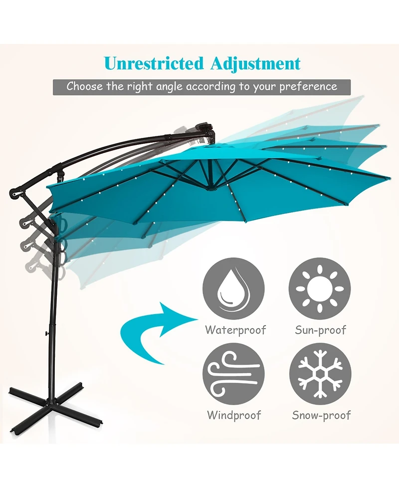 Gymax 10Ft Offset Hanging Umbrella Patio Outdoor w/ 32 Solar Led Lights