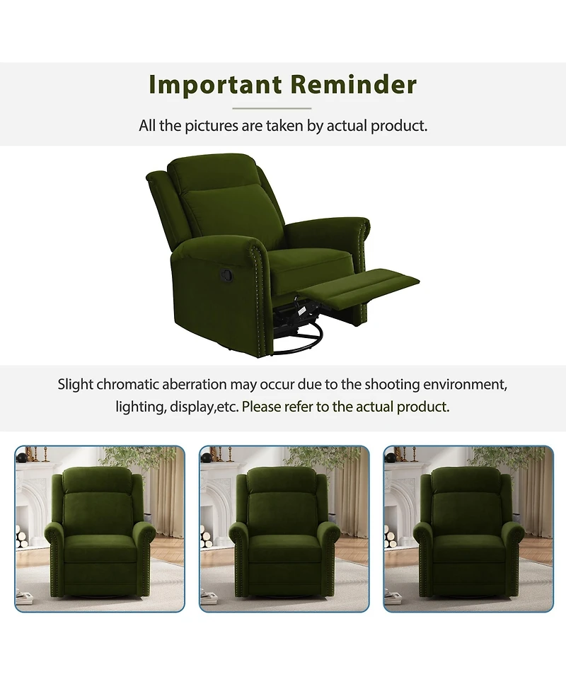 Clihome Velvet Swivel Rocking Chair, Modern Upholstered Glider Chair Adjustable Backrest Recline