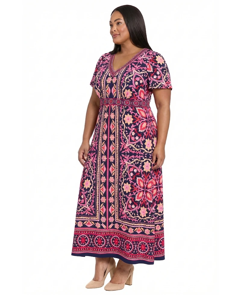 London Times Plus V-Neck Short-Sleeve Maxi Dress