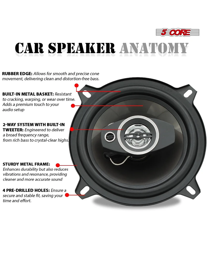 5Core Coaxial Car Door Speakers 5” 4Pcs 350W 4Ohm 2 Way Component Subwoofer Audio w Super Tweeter