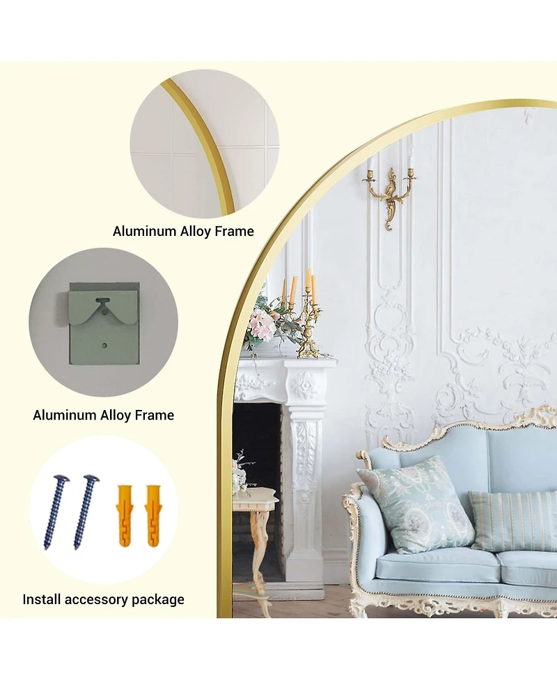 Homfan Arched Bathroom Mirror, Wall Mounted Vanity Metal Frame, Modern Wraparound Hanging Mirror Bathroom, Vanity, Living Room