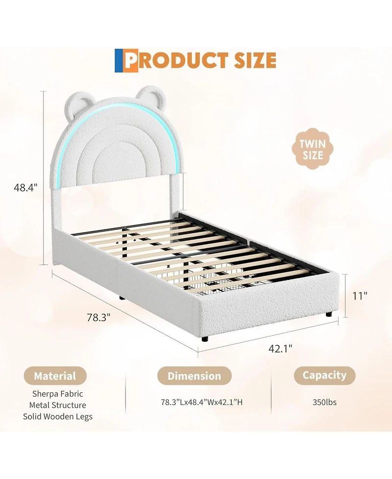 gaomon Velvet Upholstered Platform Bed Frame with Led Light, Storage Drawer, Cute Bear Headboard & Solid Wooden Slat Support
