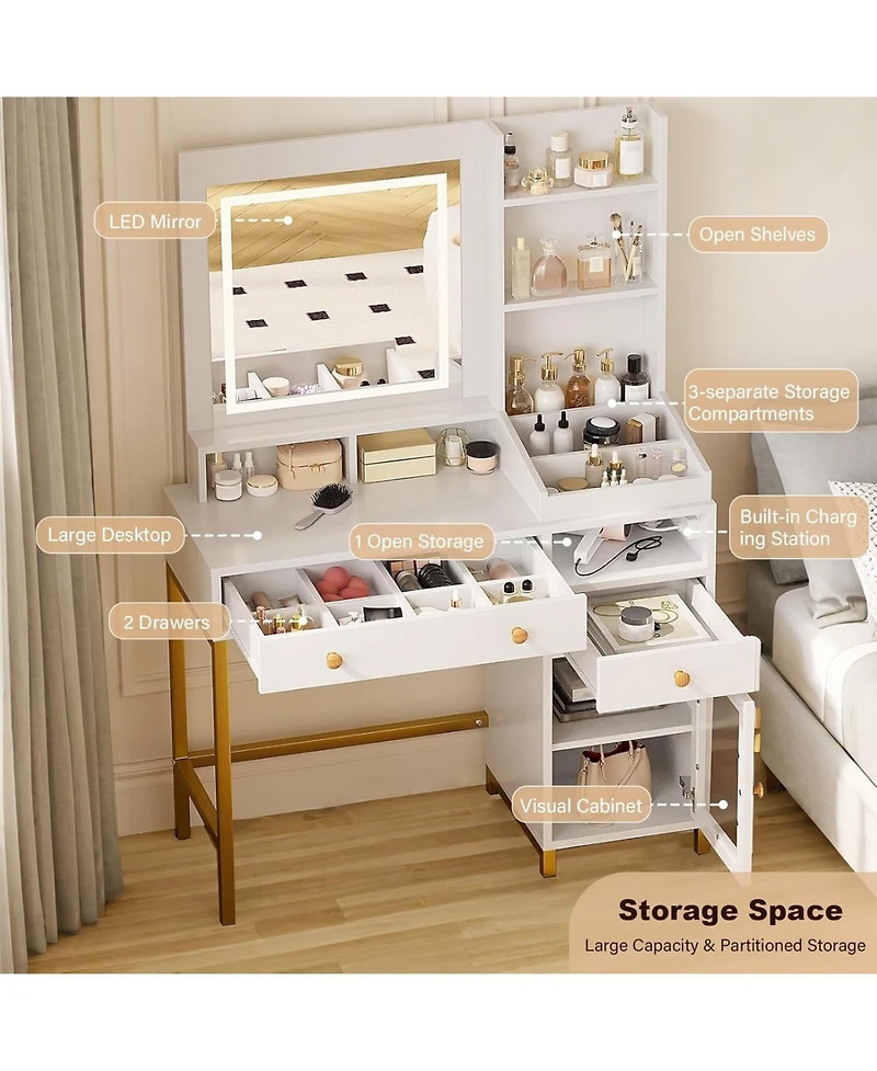 gaomon Makeup Vanity Desk with Led Mirror, 2 Drawers, 2 Shelves, Cabinet & Power Outlet