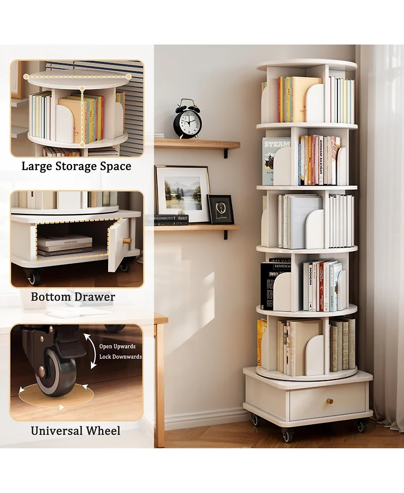 Rainsken 6 Tier Rotating Bookshelf with Drawers On Wheel, 360° Display Spinning Corner Bookcase, Wooden Storage Rack for Study Room, Office