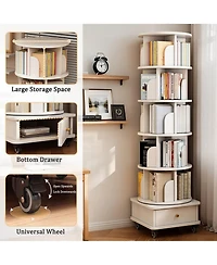 Rainsken 6 Tier Rotating Bookshelf with Drawers On Wheel, 360° Display Spinning Corner Bookcase, Wooden Storage Rack for Study Room, Office