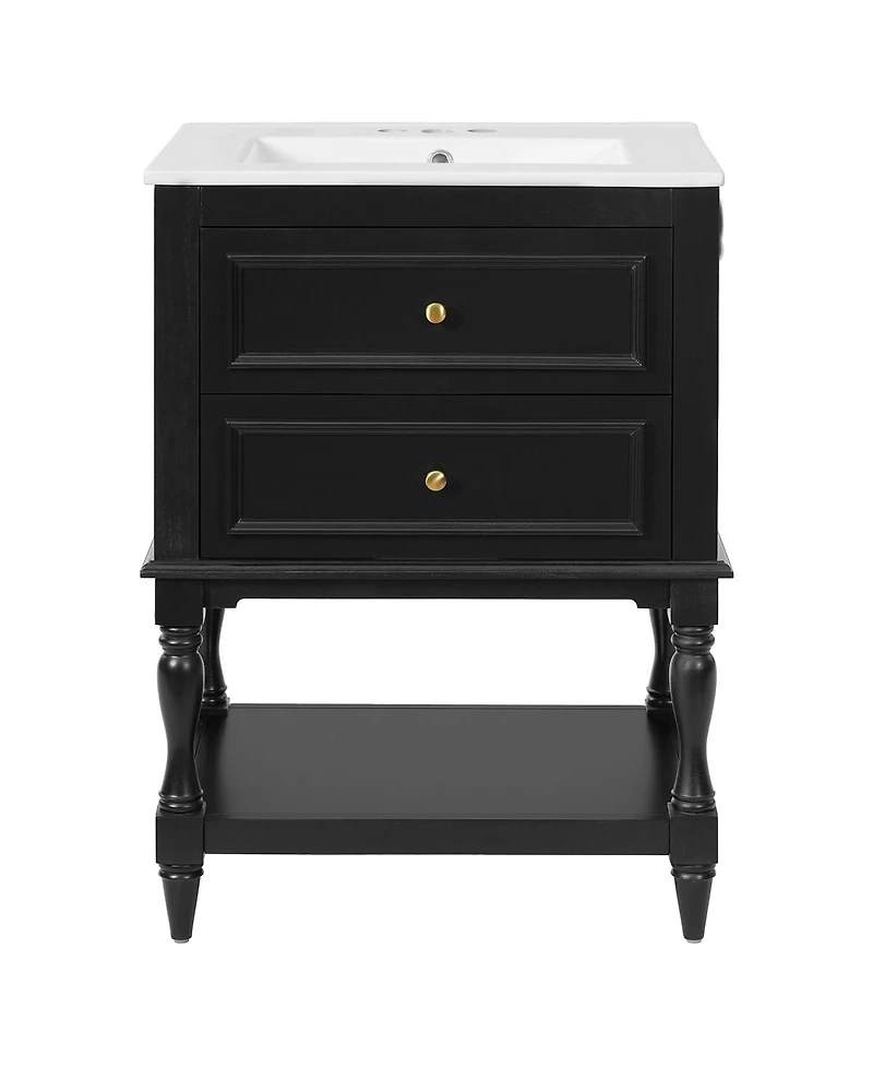 Sillysis 24.4" Retro Freestanding Bathroom Vanity with Sink, Bathroom Storage Cabinet with Open Shelf & Ample Storage Drawers