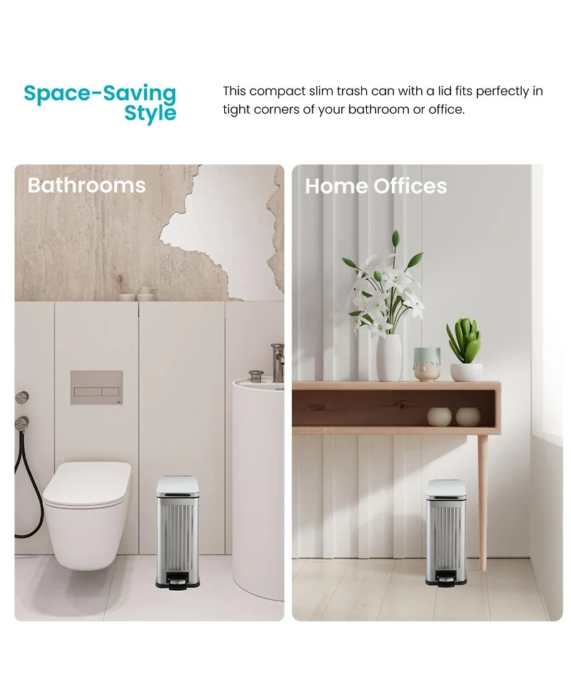 Home Zone Living 3 Gallon Slim Stainless Steel Trash Can with Reeded Pattern, Step Pedal and Soft Close Lid