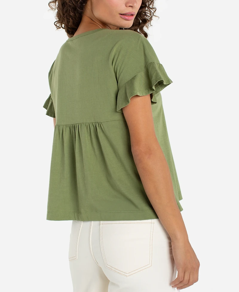 Liverpool Los Angeles Petite Flutter-Sleeve Round Neck Woven Top
