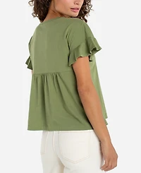 Liverpool Los Angeles Petite Flutter-Sleeve Round Neck Woven Top