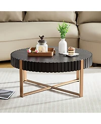 Rainsken Modern Drum Coffee Table, 31.5'' Round Center Table with Fluted Edge and Sturdy Pedestal for Living Room